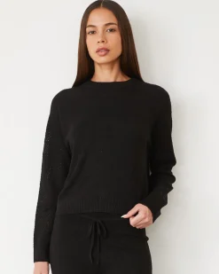MONROW Boucle Knit Mesh Mixed Sweater BLACK Flash Sale