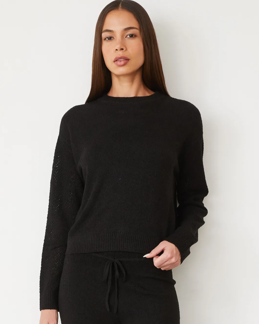 MONROW Boucle Knit Mesh Mixed Sweater BLACK Flash Sale