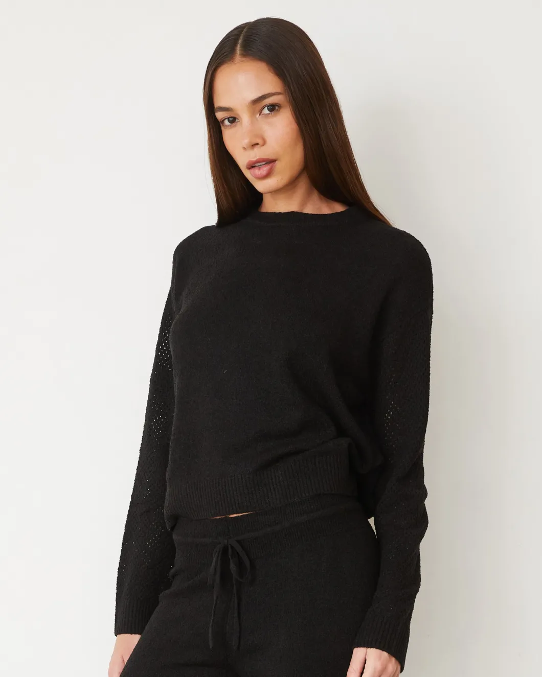 MONROW Boucle Knit Mesh Mixed Sweater BLACK Flash Sale