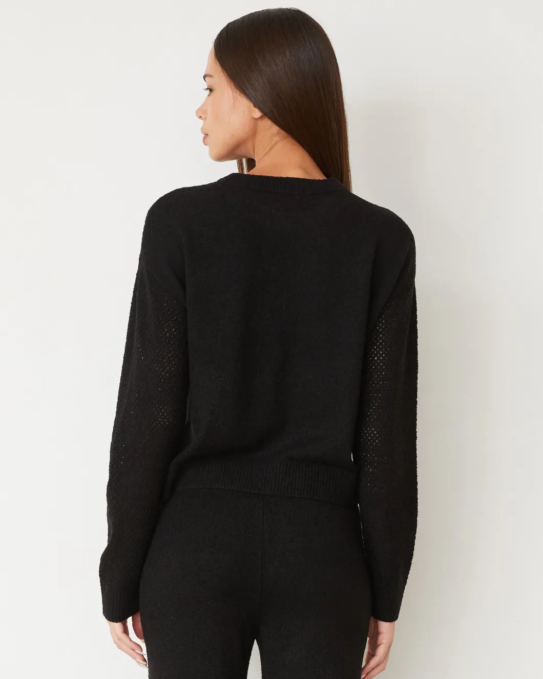 MONROW Boucle Knit Mesh Mixed Sweater BLACK Flash Sale