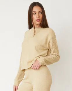MONROW Boucle Knit Mesh Mixed Sweater SAND Flash Sale