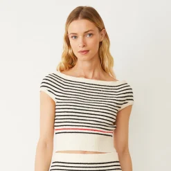 MONROW Boucle Knit Off Shoulder Top CREAM/BLACK Cheap