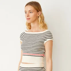 MONROW Boucle Knit Off Shoulder Top CREAM/BLACK Cheap