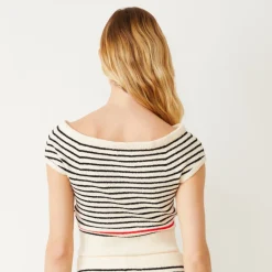 MONROW Boucle Knit Off Shoulder Top CREAM/BLACK Cheap