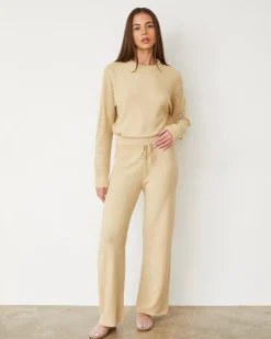 MONROW Boucle Knit Straight Leg Pant SAND Flash Sale