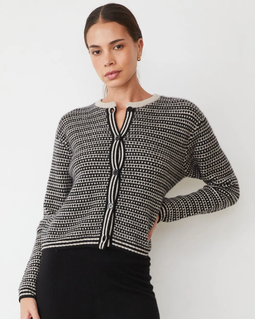 MONROW Cashmere Cardigan CHALK/BLACKSTRIPE Best Sale