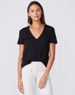 MONROW Cotton Modal Relaxed V Neck Tee - Color BLACK Fashion