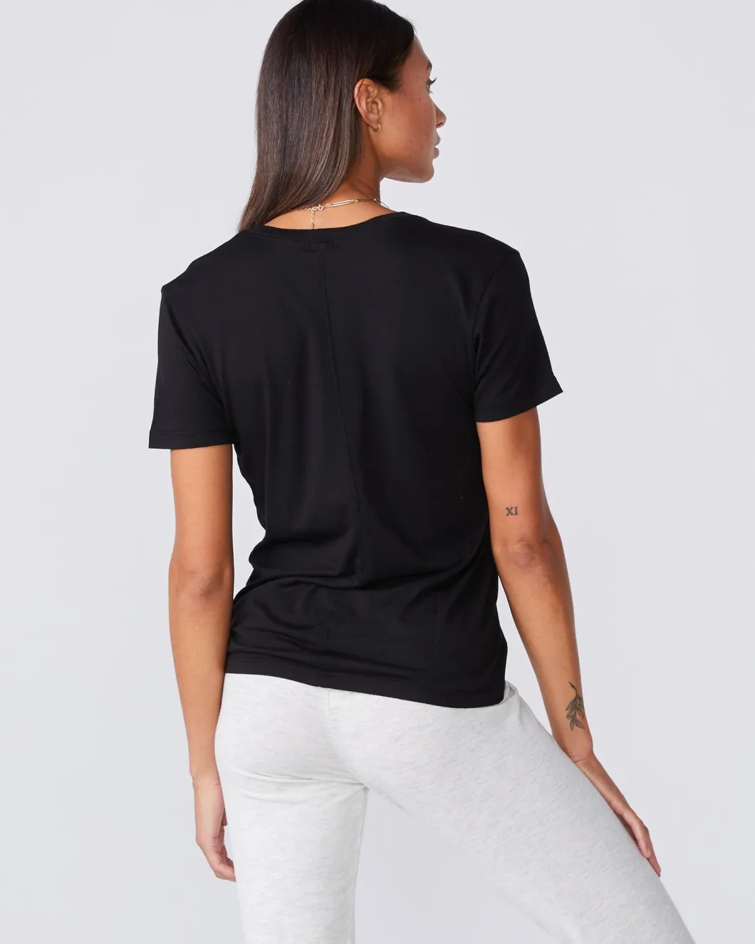 MONROW Cotton Modal Relaxed V Neck Tee - Color BLACK Fashion