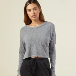 MONROW Cropped Long Sleeve Ex-Boyfriend Pocket Crew GRANITE Discount