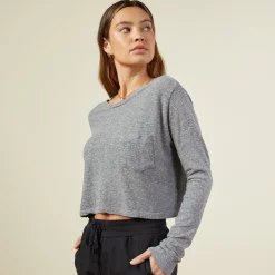 MONROW Cropped Long Sleeve Ex-Boyfriend Pocket Crew GRANITE Discount