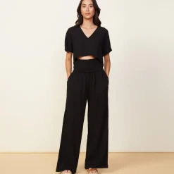 MONROW Gauze Smocked Flare Pant BLACK Shop