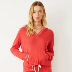 MONROW Light Soft Knit Contrast Stitch Hoody CHERRY Cheap