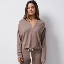 MONROW Light Soft Knit Contrast Stitch Hoody PECAN Fashion