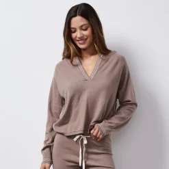 MONROW Light Soft Knit Contrast Stitch Hoody PECAN Fashion