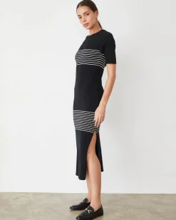 MONROW Light Soft Knit Stripe Dress BLACK New