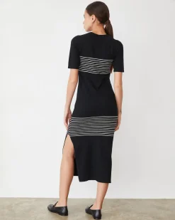 MONROW Light Soft Knit Stripe Dress BLACK New
