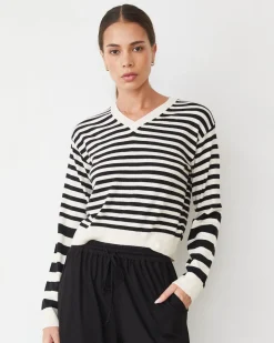 MONROW Lightknit Stripe V Neck IVORY/BLACK Best