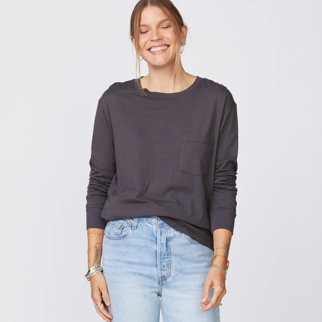 MONROW Long Sleeve Ex-Boyfriend Pocket Crew FADEDBLACK Discount