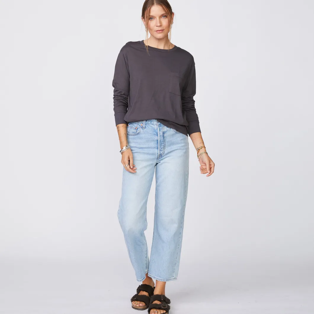 MONROW Long Sleeve Ex-Boyfriend Pocket Crew FADEDBLACK Discount