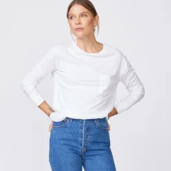 MONROW Long Sleeve Ex-Boyfriend Pocket Crew WHITE Clearance