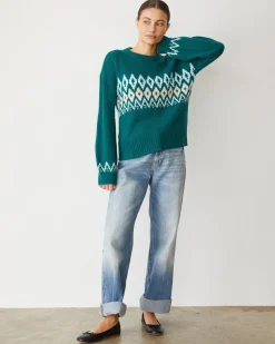 MONROW Merino Wool Fair Isle Crew Neck FOREST Hot