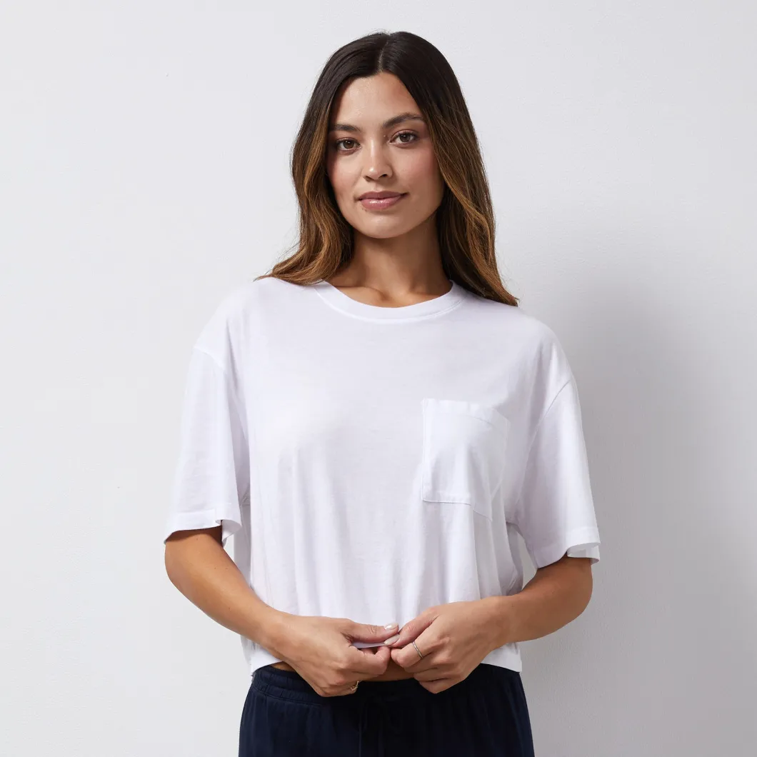 MONROW Organic Jersey Crop Pocket Tee WHITE Fashion