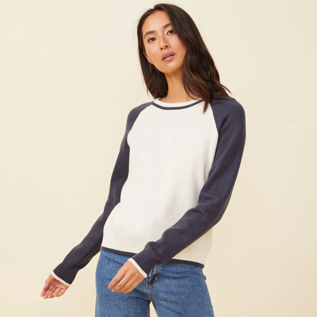 MONROW Soft Knit Colorblock Raglan IVORY/BLUEBLACK Discount