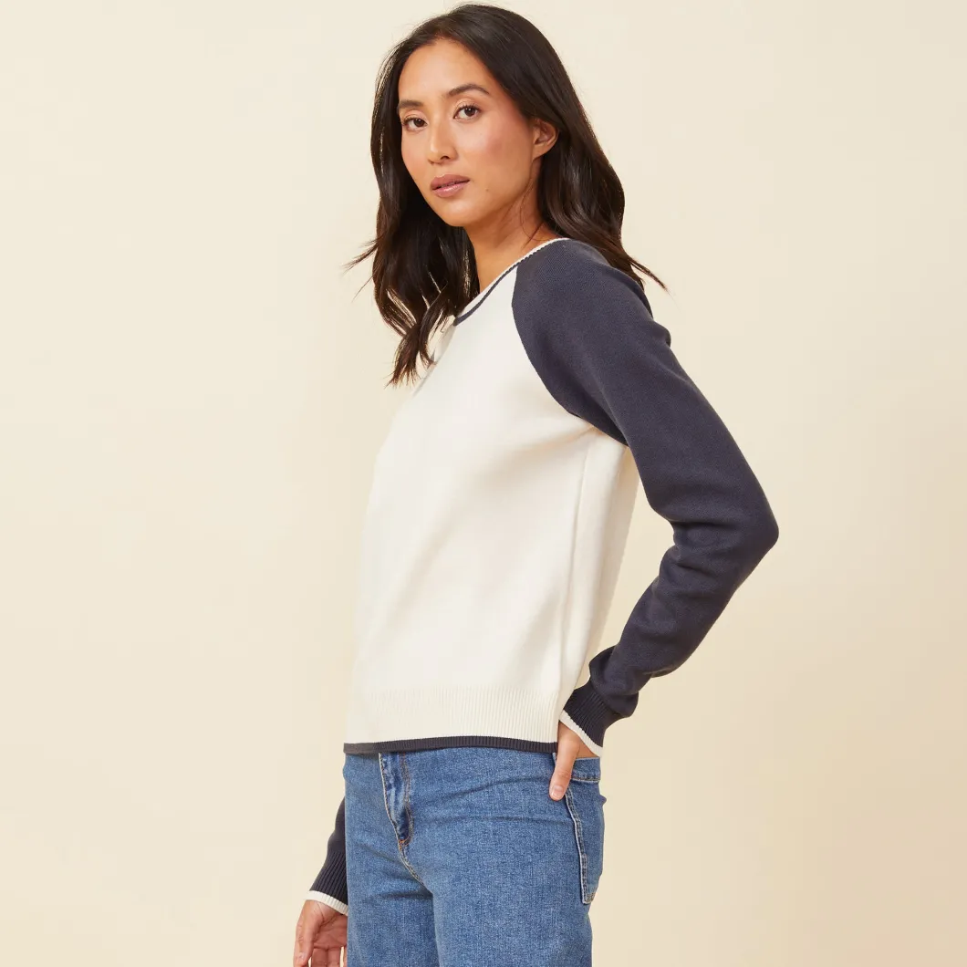 MONROW Soft Knit Colorblock Raglan IVORY/BLUEBLACK Discount