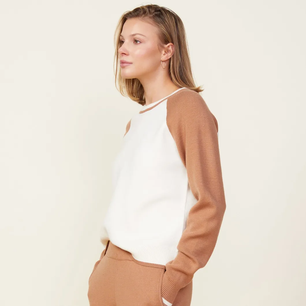 MONROW Soft Knit Colorblock Raglan Sweater IVORY/HAZELNUT Fashion