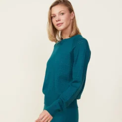 MONROW Soft Knit Pointelle Raglan Sweater TEAL Cheap