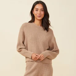 MONROW Soft Knit Waffle Crew Neck Sweatshirt BARLEY Fashion