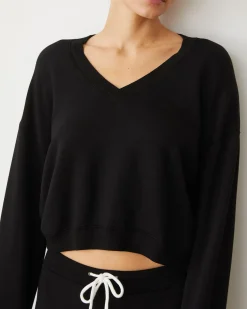 MONROW Softfleece Crop V Neck Sweatshirt BLACK Online