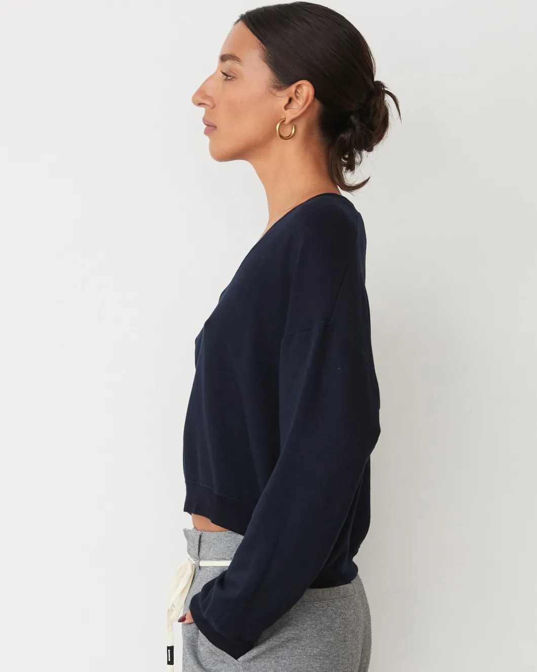 MONROW Softfleece Crop V Neck Sweatshirt DARKNAVY Cheap