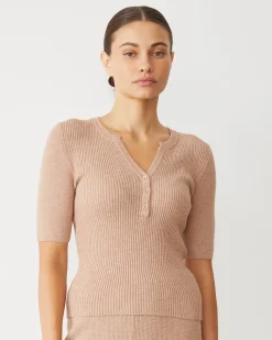 MONROW Softknit Rib Waffle Henley TAUPE Hot
