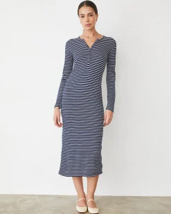 MONROW Stripe Henley Dress NAVY/IVORY New