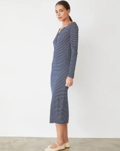 MONROW Stripe Henley Dress NAVY/IVORY New