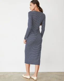MONROW Stripe Henley Dress NAVY/IVORY New