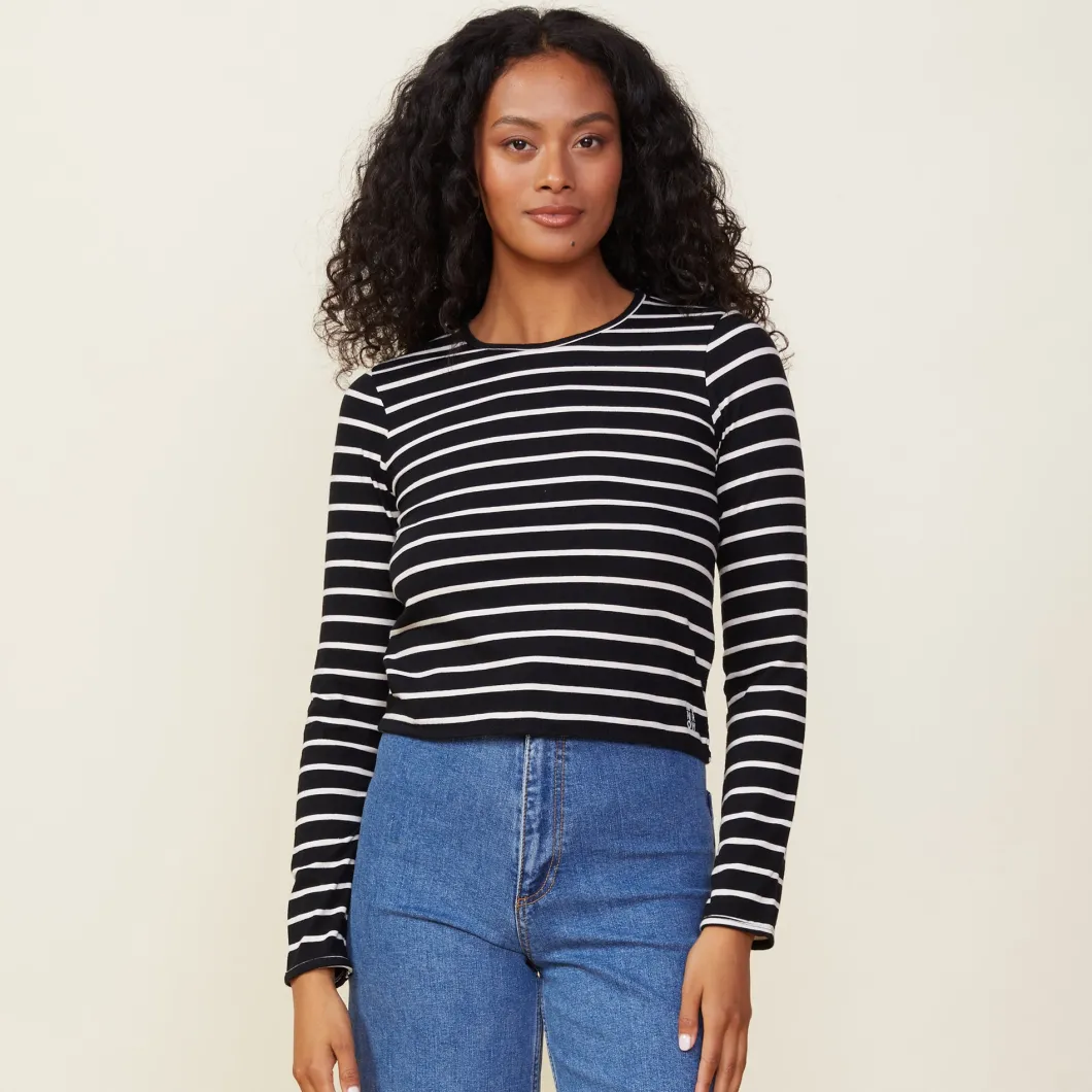 MONROW Stripe Long Sleeve Crew BLACK/NATURAL Best