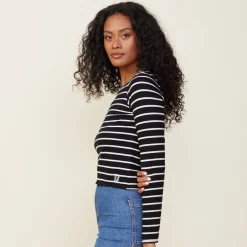 MONROW Stripe Long Sleeve Crew BLACK/NATURAL Best
