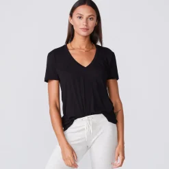 MONROW Super Fine Jersey Fitted V Neck Tee BLACK Discount