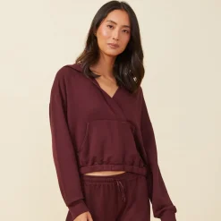 MONROW Supersoft Fleece V Hoody with Silky Piping MERLOT Discount