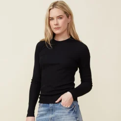 MONROW Supimafine Rib Long Sleeve Crew BLACK Cheap