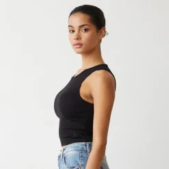 MONROW Supimaluxe Rib Crop High Neck Tank BLACK New