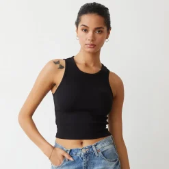 MONROW Supimaluxe Rib Crop High Neck Tank BLACK New