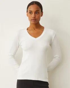 MONROW Supimaluxe Rib Long Sleeve V Neck WHITE Outlet