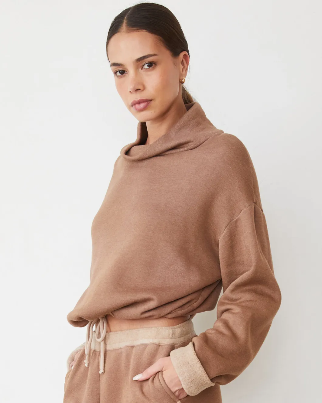 MONROW Teddy Fleece Funnel Pullover WALNUT New