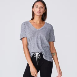 MONROW Textured Tri Blend Relaxed V Neck Tee - GRANITE New