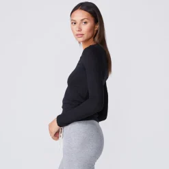 MONROW Textured Tri-Blend Fitted Long Sleeve Crew BLACK Flash Sale