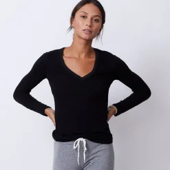 MONROW Textured Tri-Blend Fitted Long Sleeve V Neck Tee BLACK Store