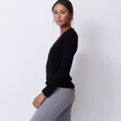 MONROW Textured Tri-Blend Fitted Long Sleeve V Neck Tee BLACK Store